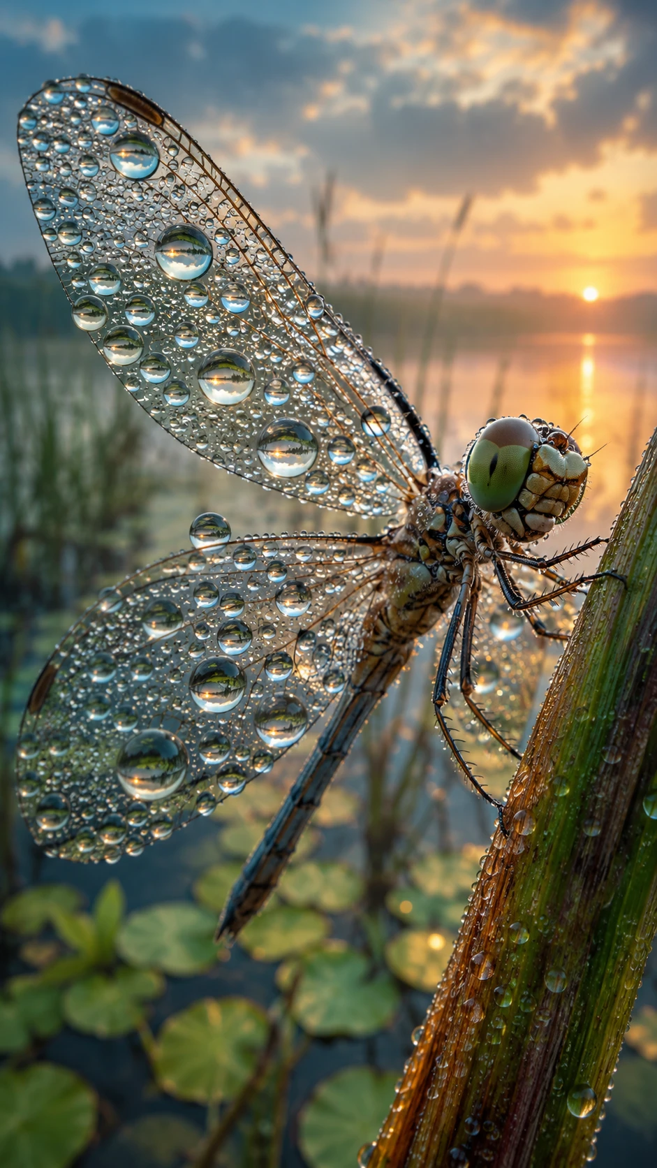 Macro dragonfly on dew covered reed at dawn