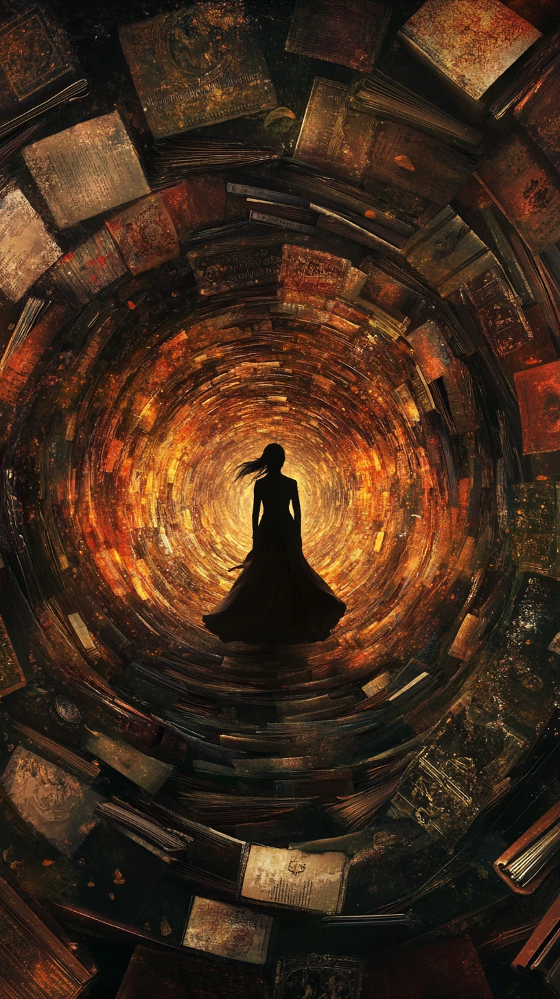 Spiral galaxy of antique books swirling around a hidden woman