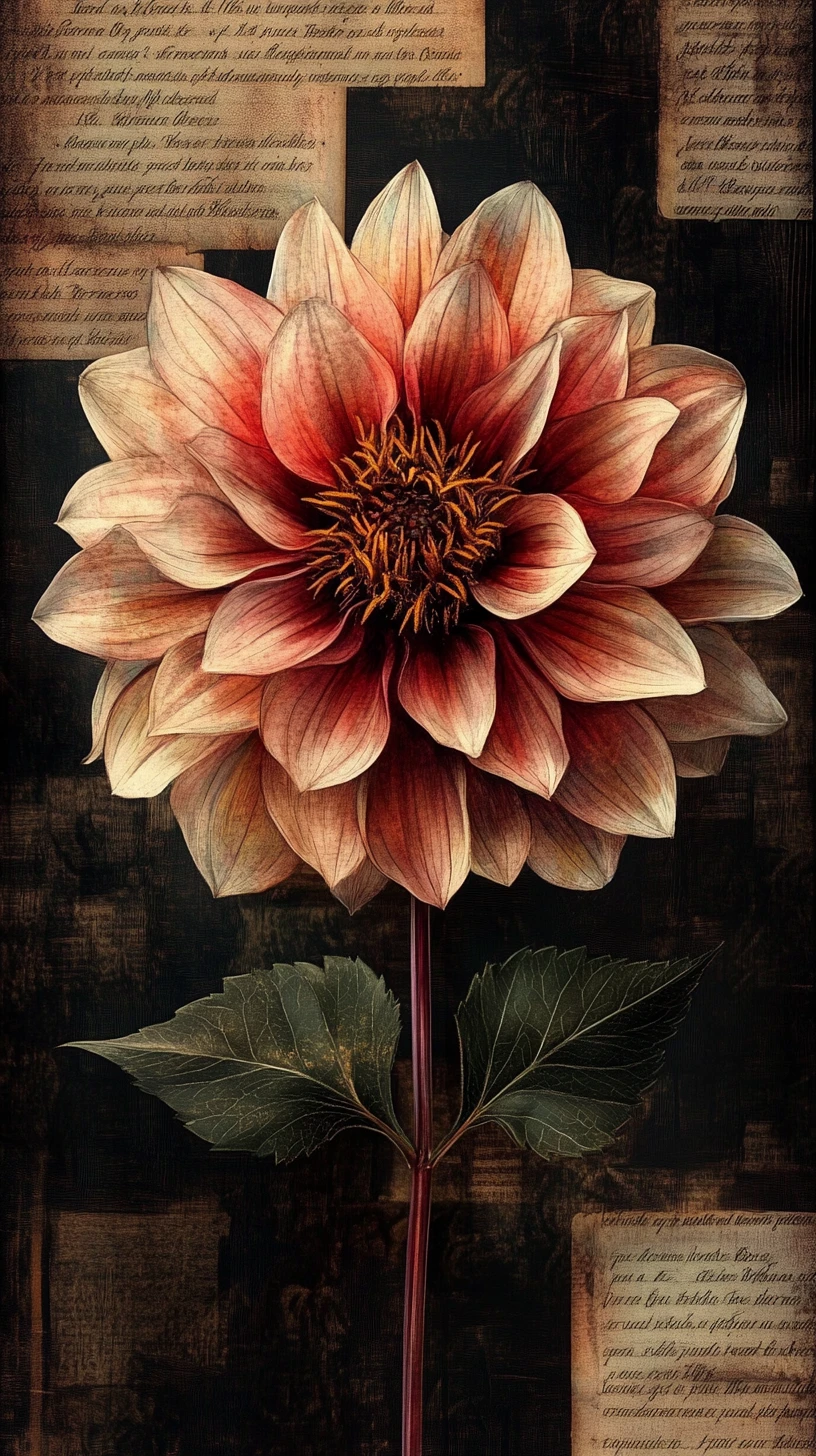 Giant dahlia made of manuscripts in endless dark archive