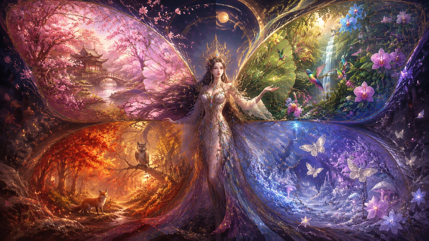 Ethereal butterfly queen with four seasonal garden wings