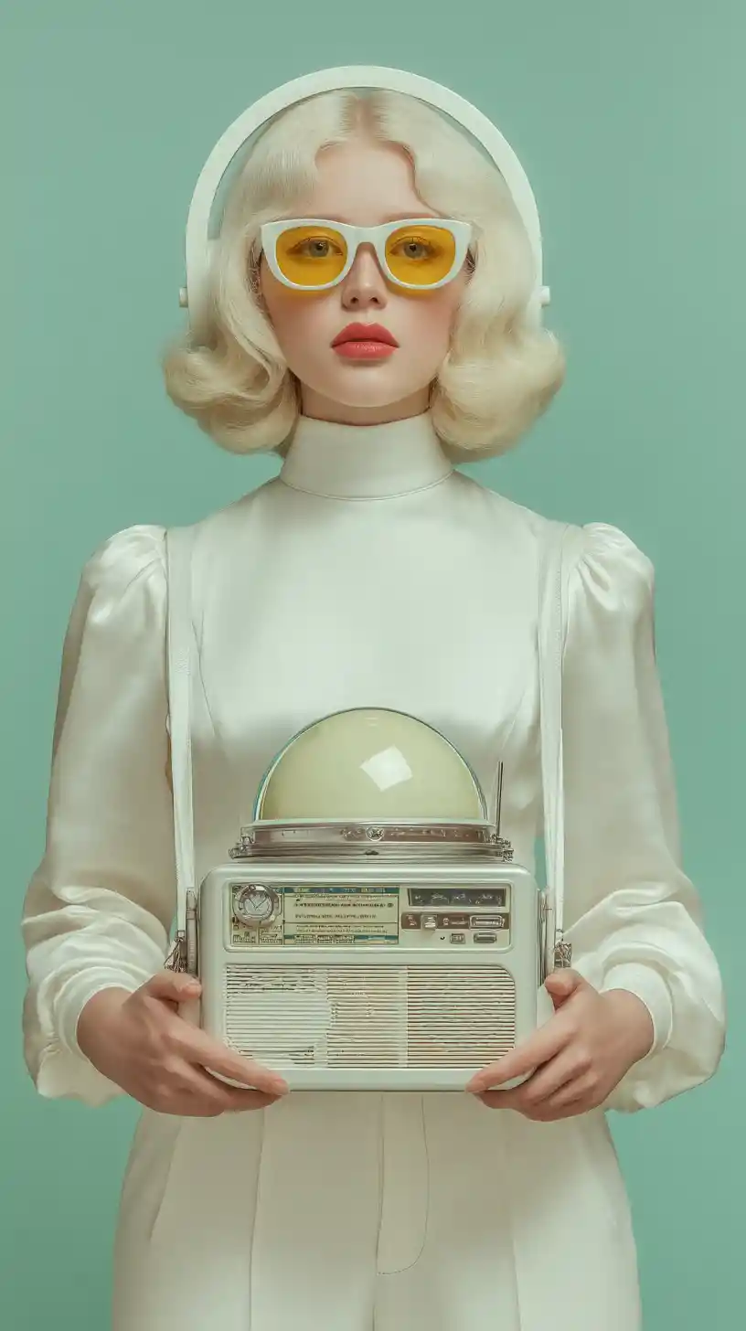 Mujer retrofuturista con radio y casco de astronauta