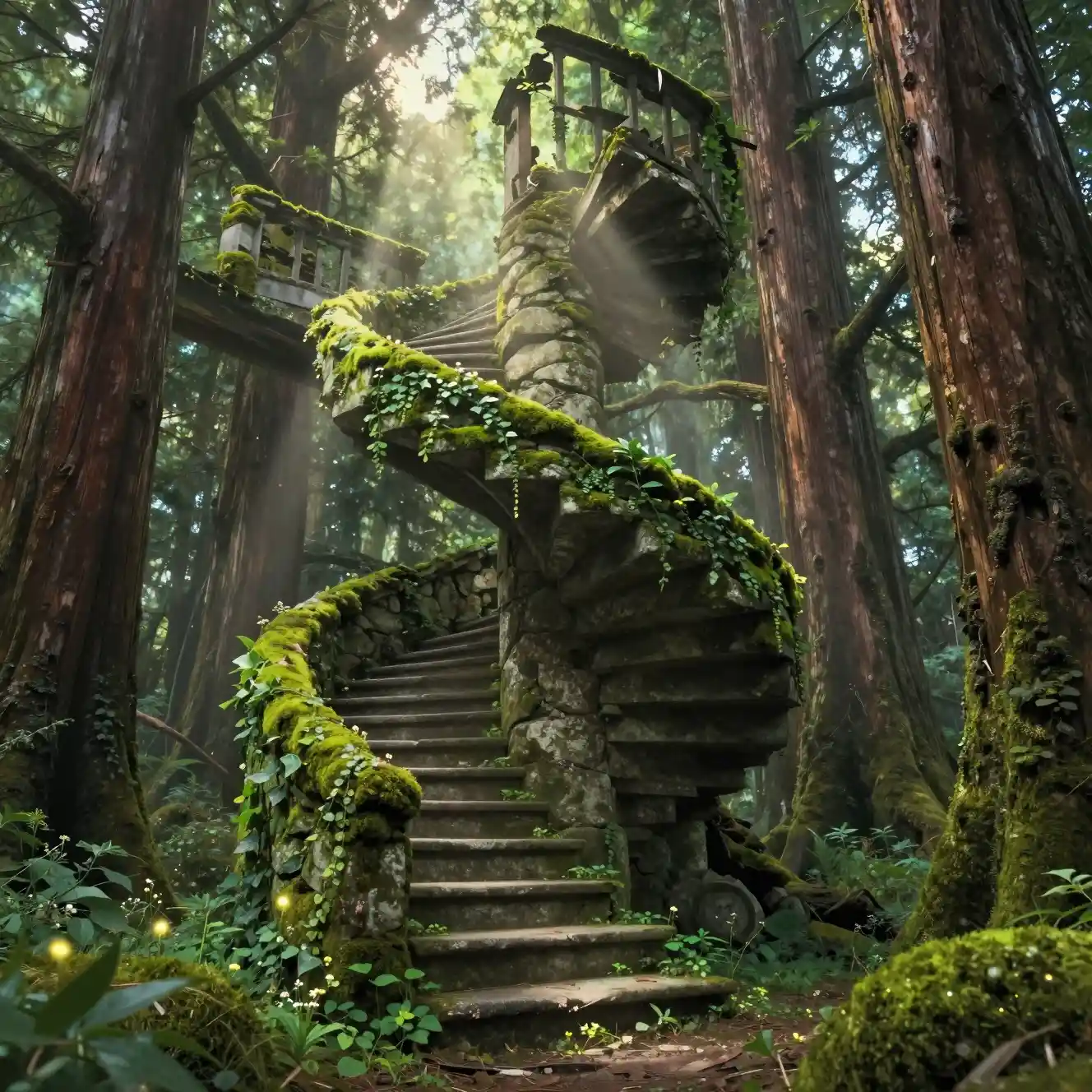 Ancient moss covered stone staircase in hidden forest sanctuary