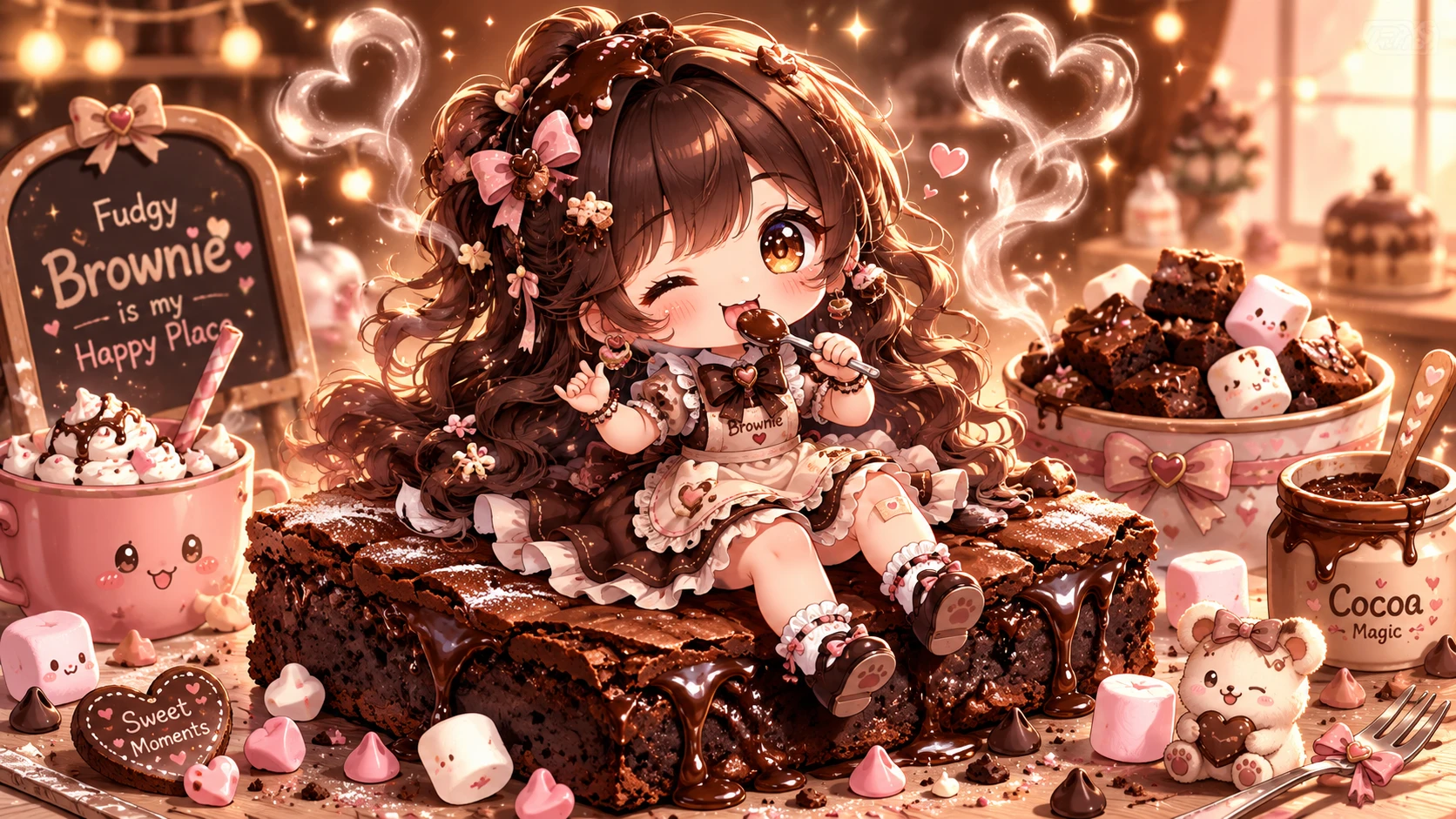 Linda chica anime chibi sentada sobre un brownie gigante de chocolate