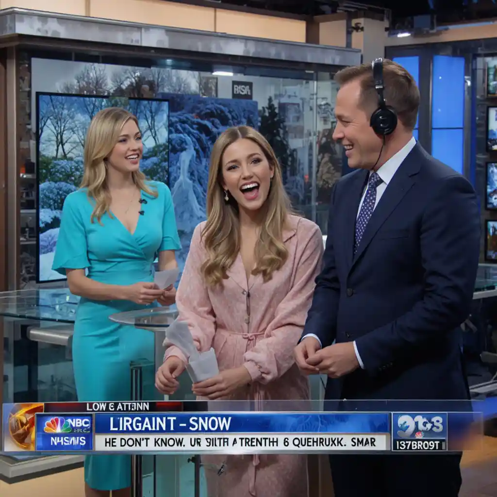 Glamorous female newsreader introducing the weatherman on set