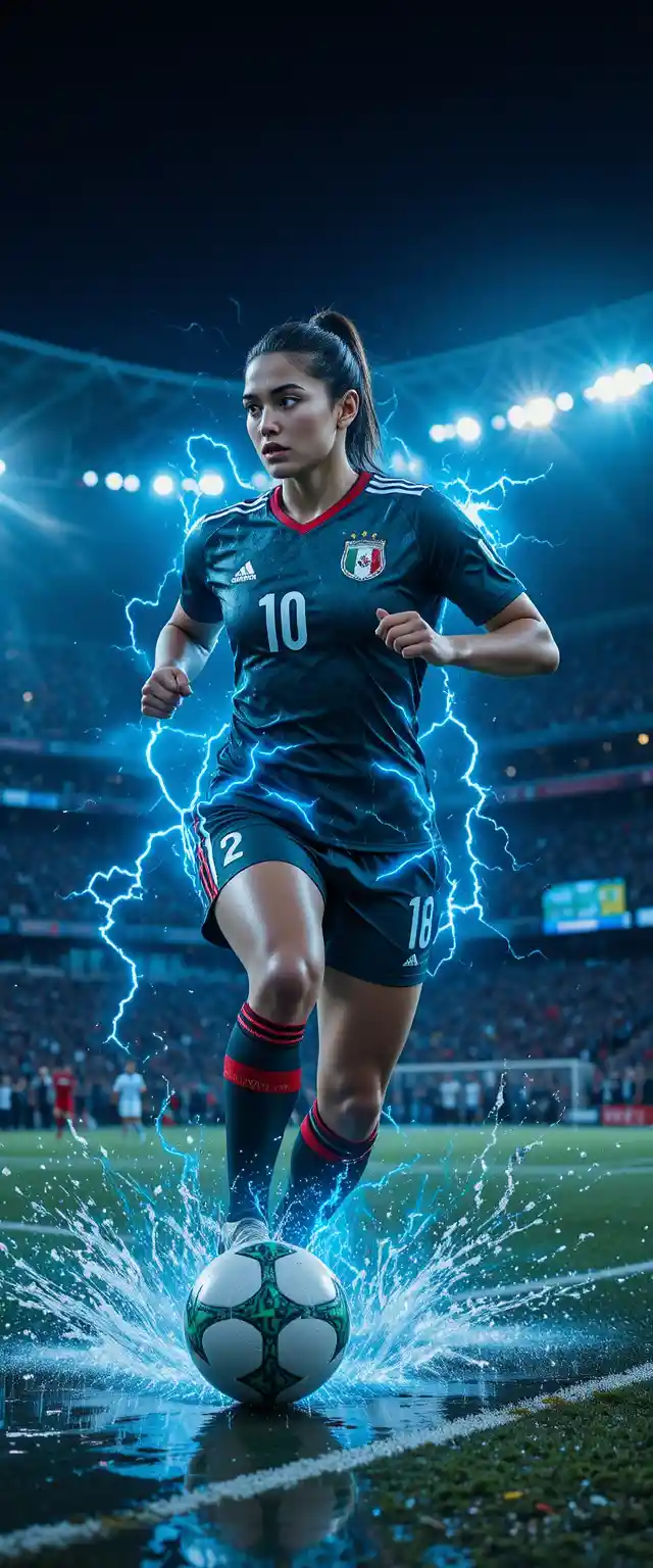 Mexican woman footballer sprinting with electrified stadium energy