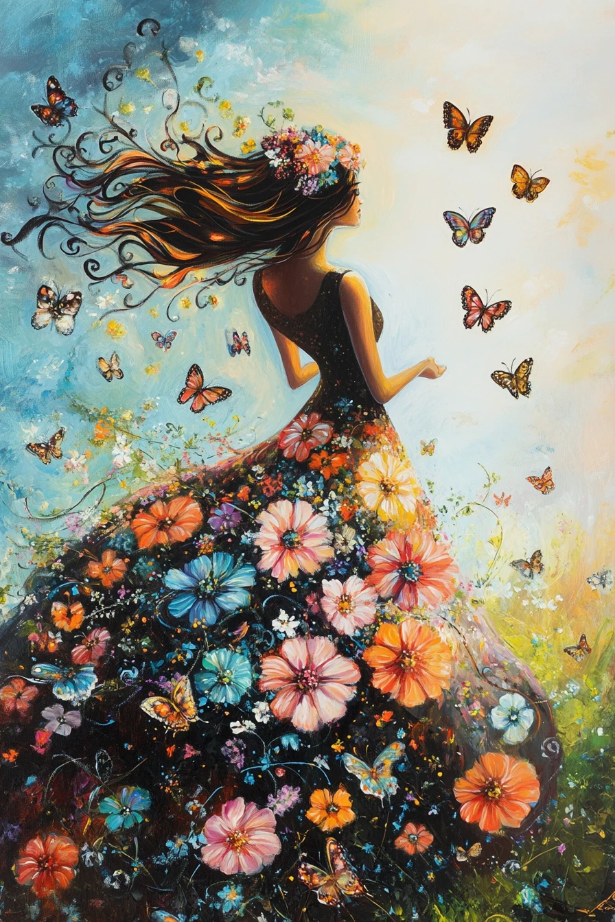Surreal flowered woman with butterflies in dreamy fantasy scene