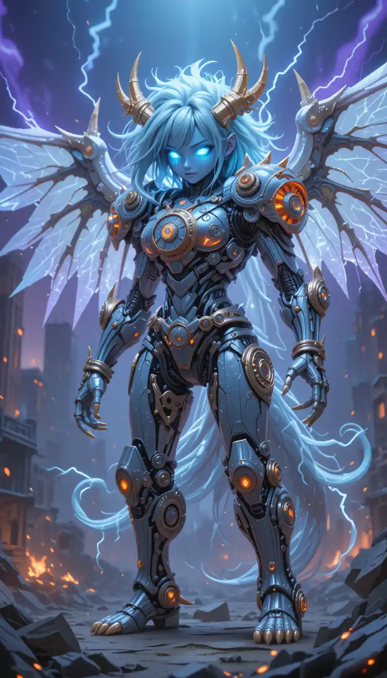 Chibi biomechanical warrior queen in glowing clockwork armor