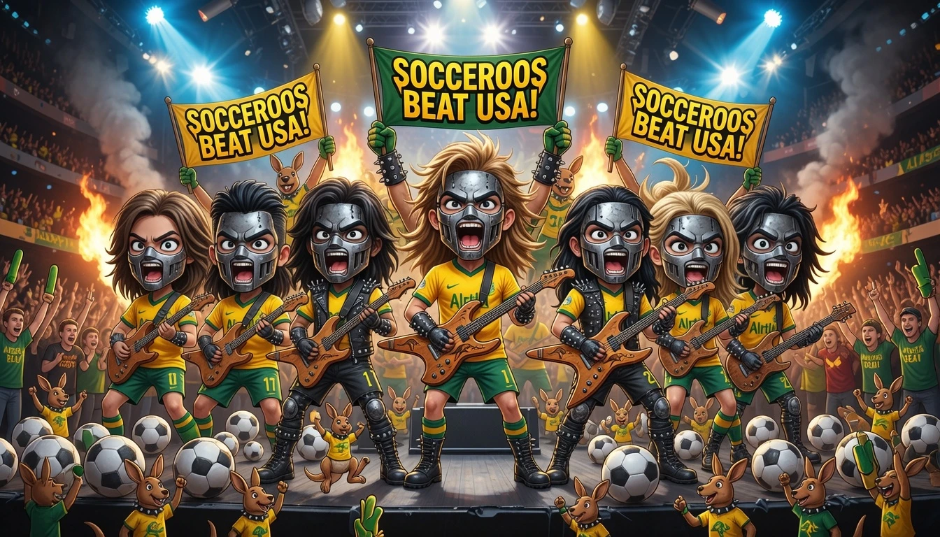 Chibi socceroo band rocking a crowded victory stage