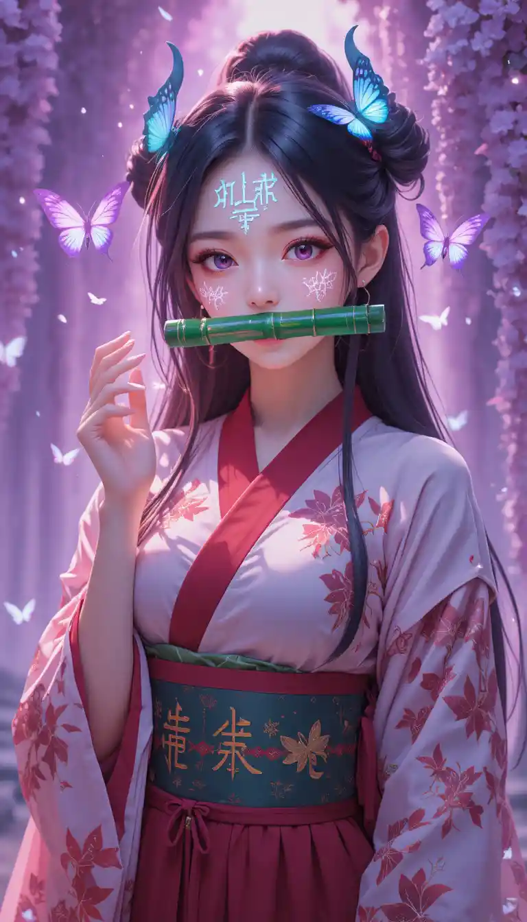 Ethereal anime demon girl with glowing bamboo gag