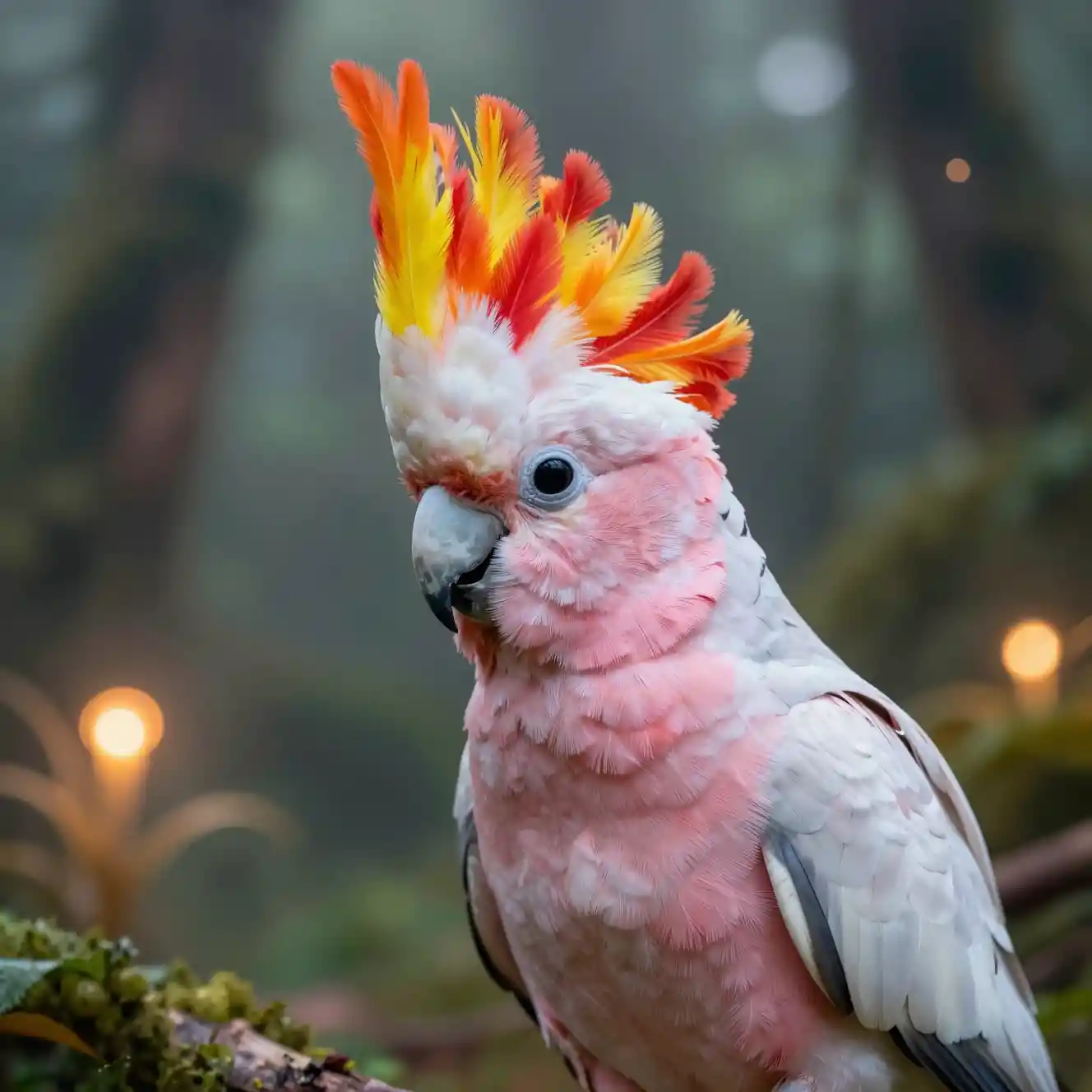 Pink crested cockatoo portrait in an enchanted forest