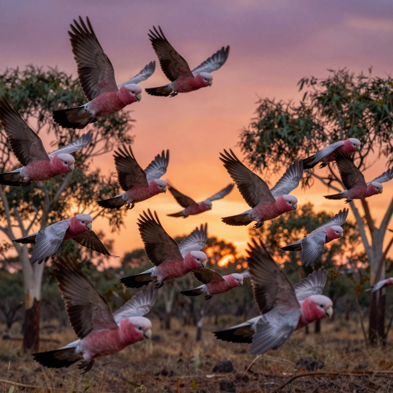 Cockatoos flying over eucalyptus forest at twilight