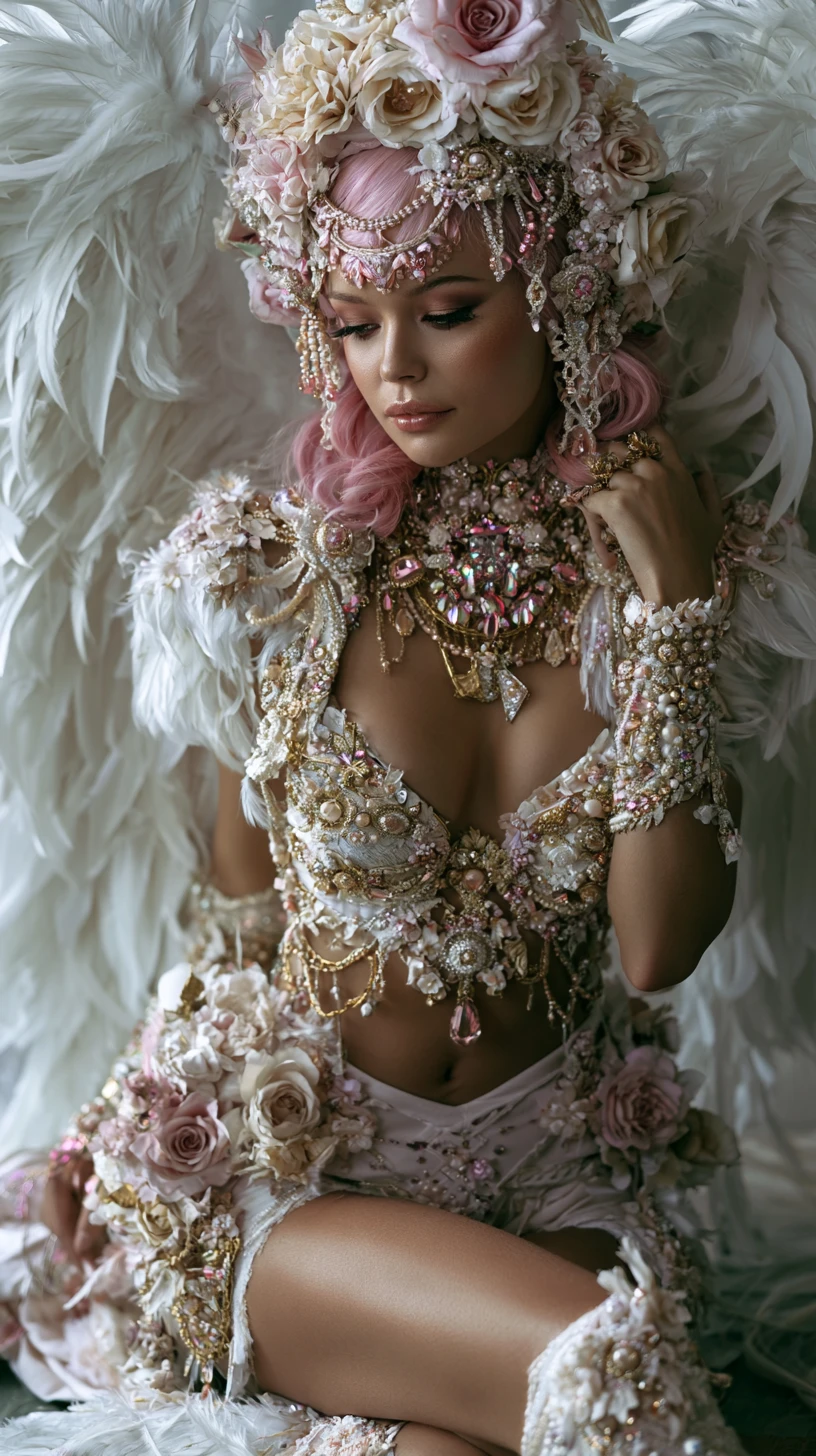 Mujer fantástica con alas emplumadas y moda floral