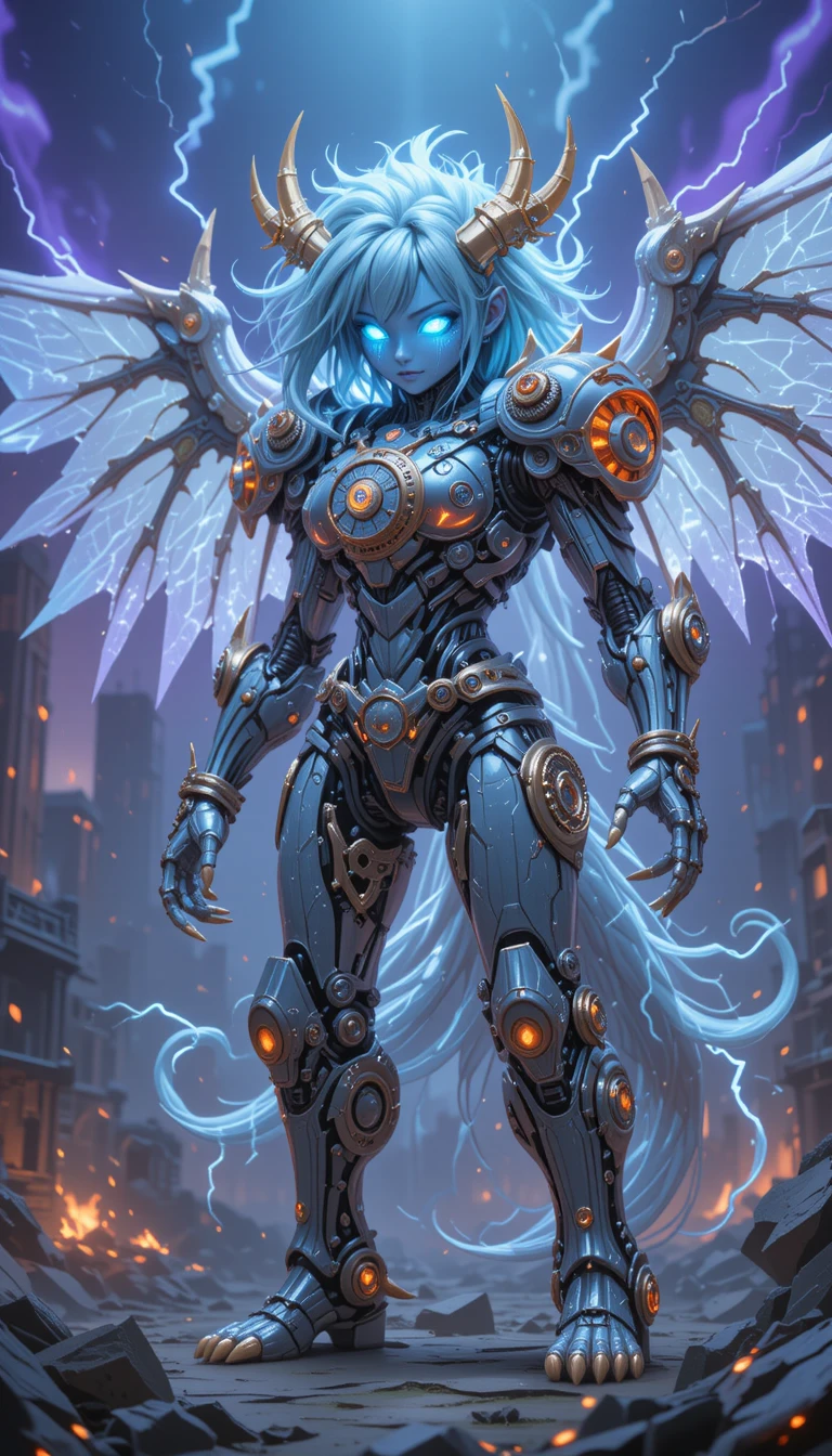Chibi biomechanical warrior queen in glowing clockwork armor
