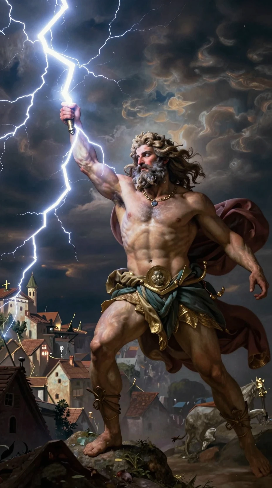Zeus déchaînant la foudre sur un village condamné