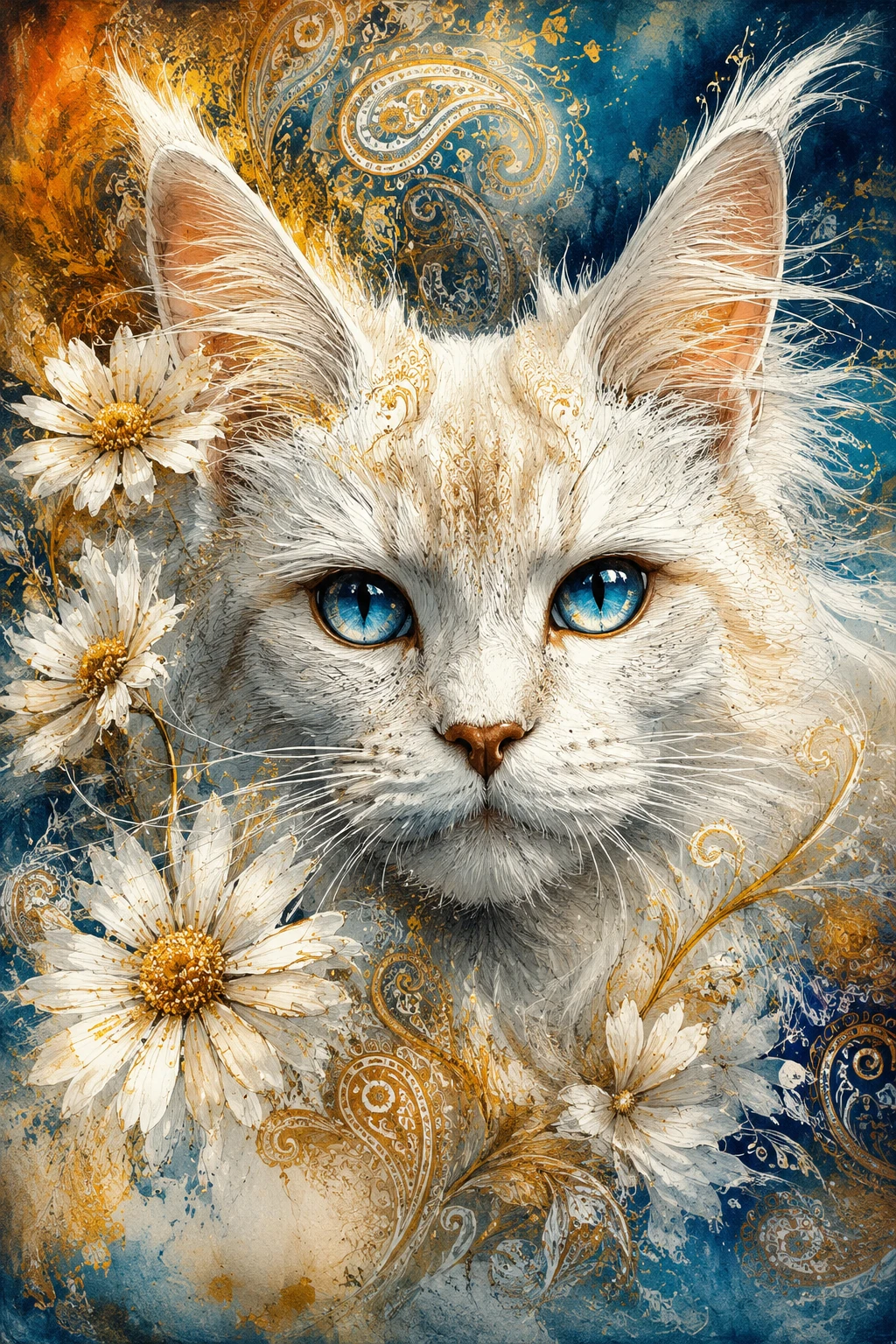 Cara de gato Maine Coon blanco con ojos azules y detalles dorados