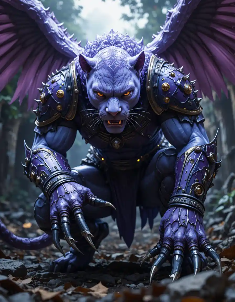 Winged purple panther warrior crouching in jungle ruins