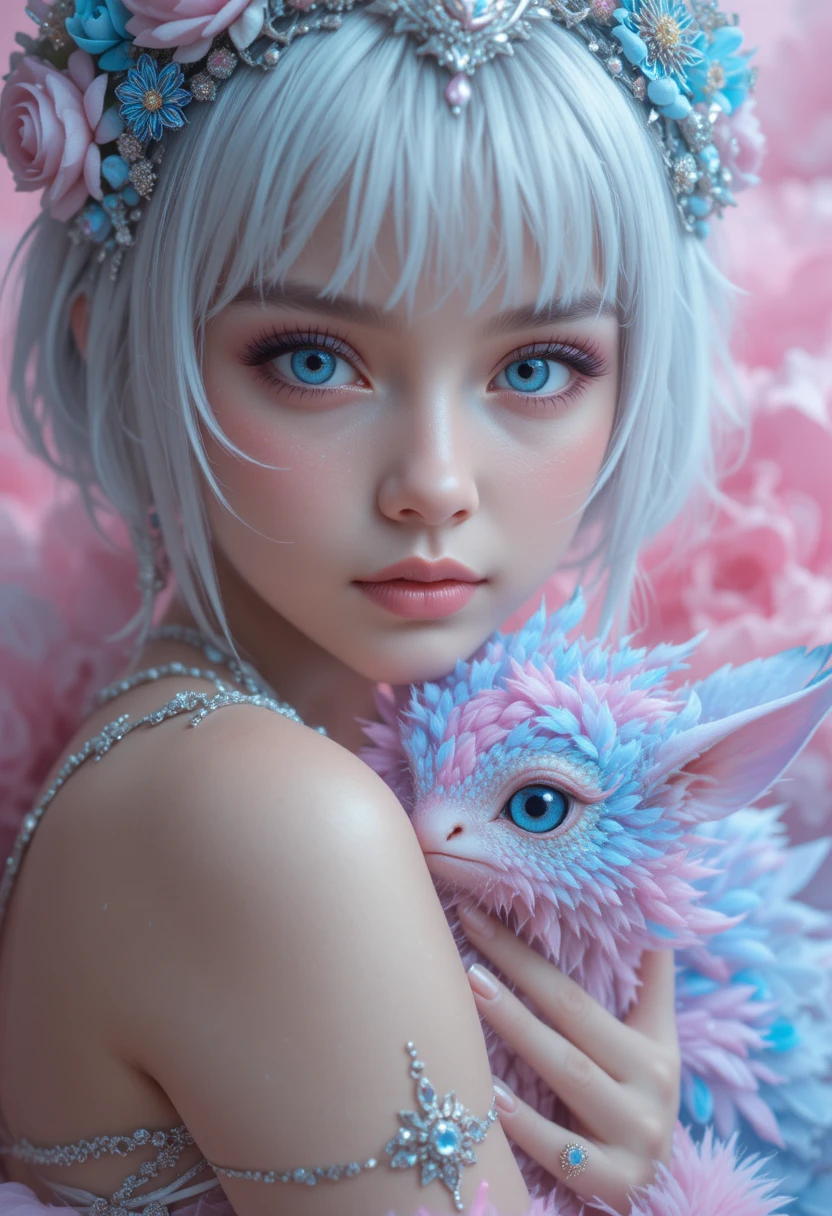Fantasy girl holding a colorful mystical creature close