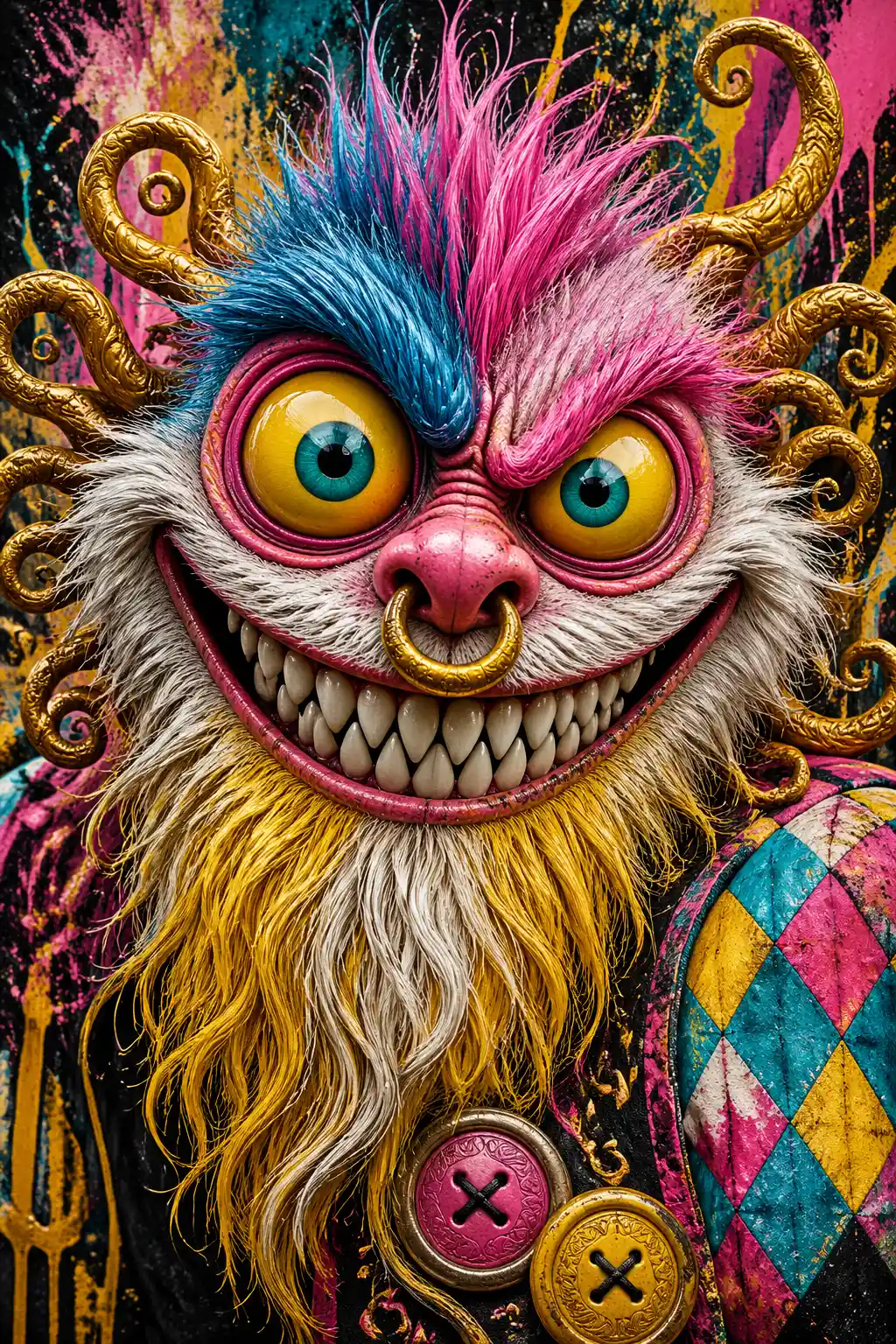 Colorful close up portrait of a grinning fantasy monster