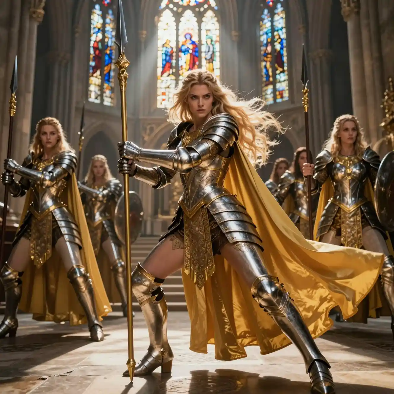 Golden haired female warrior leading fighters in cathedral