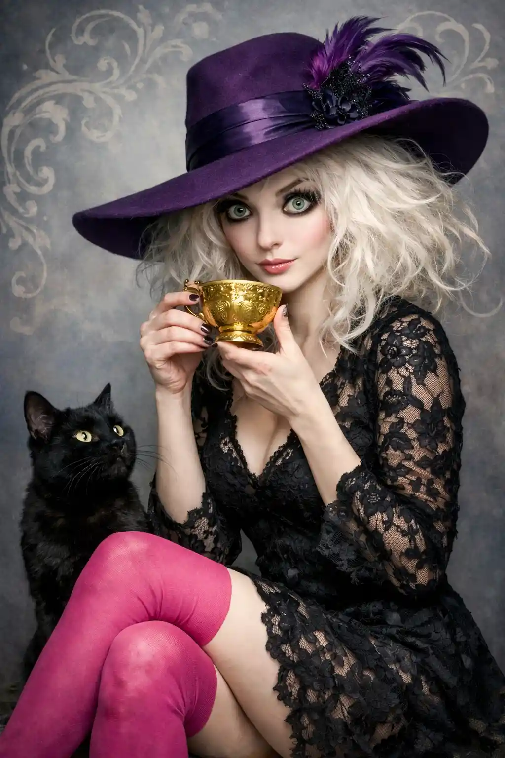 Eccentric woman in purple fedora with black cat companion