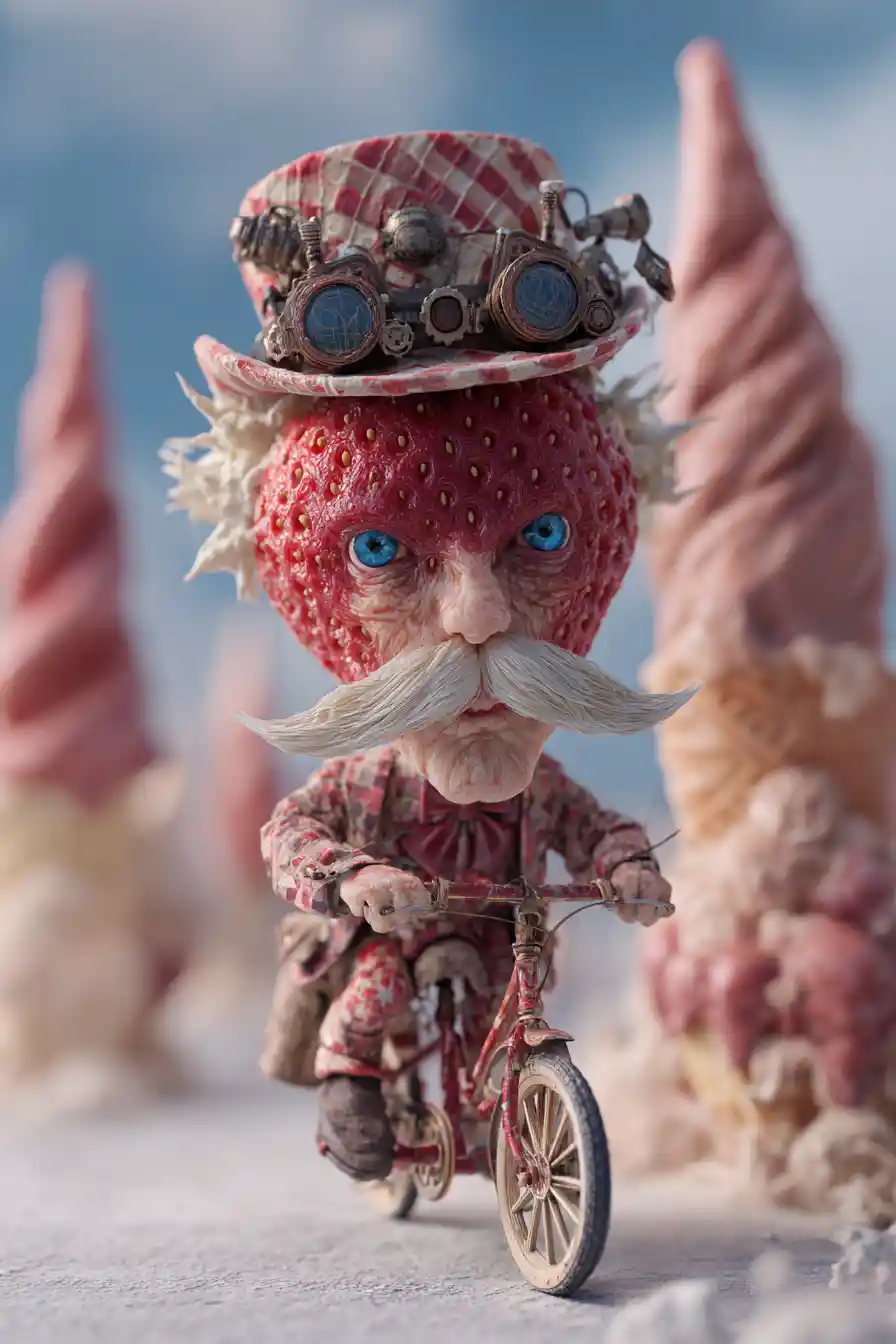 Elderly strawberry gentleman riding a bicycle through surreal cones