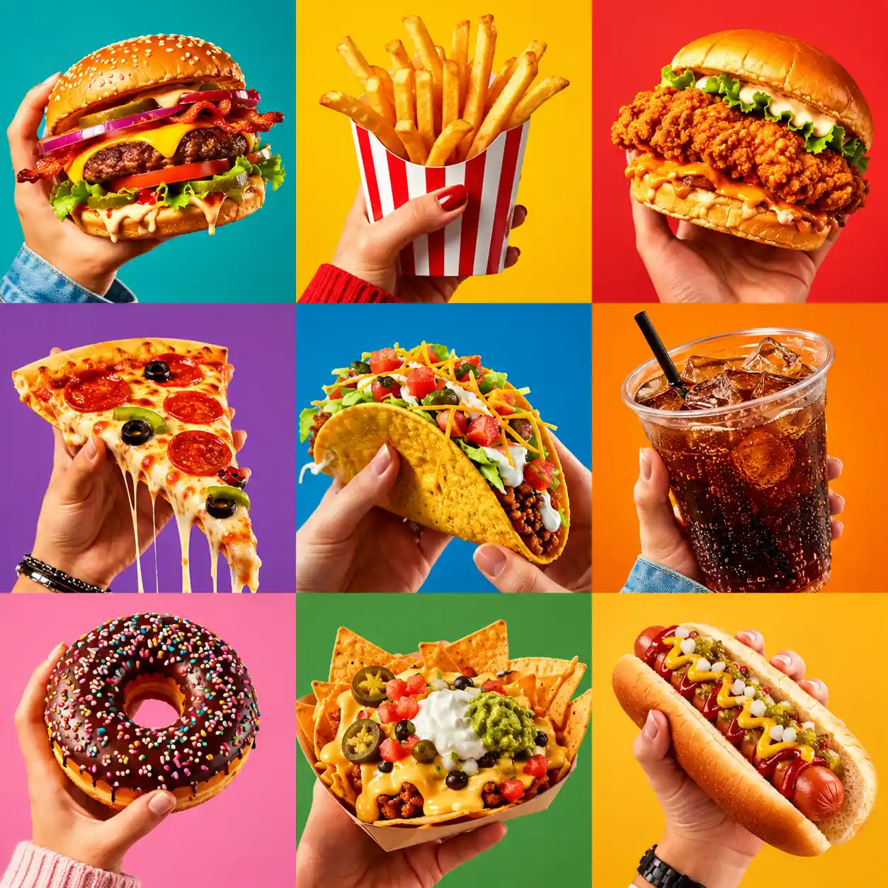 Colorful fast food illustration with hands and squares