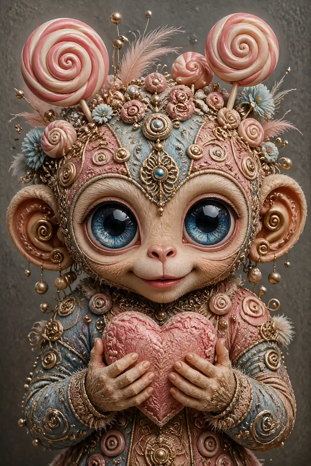 Whimsical candy crowned creature holding a patterned heart