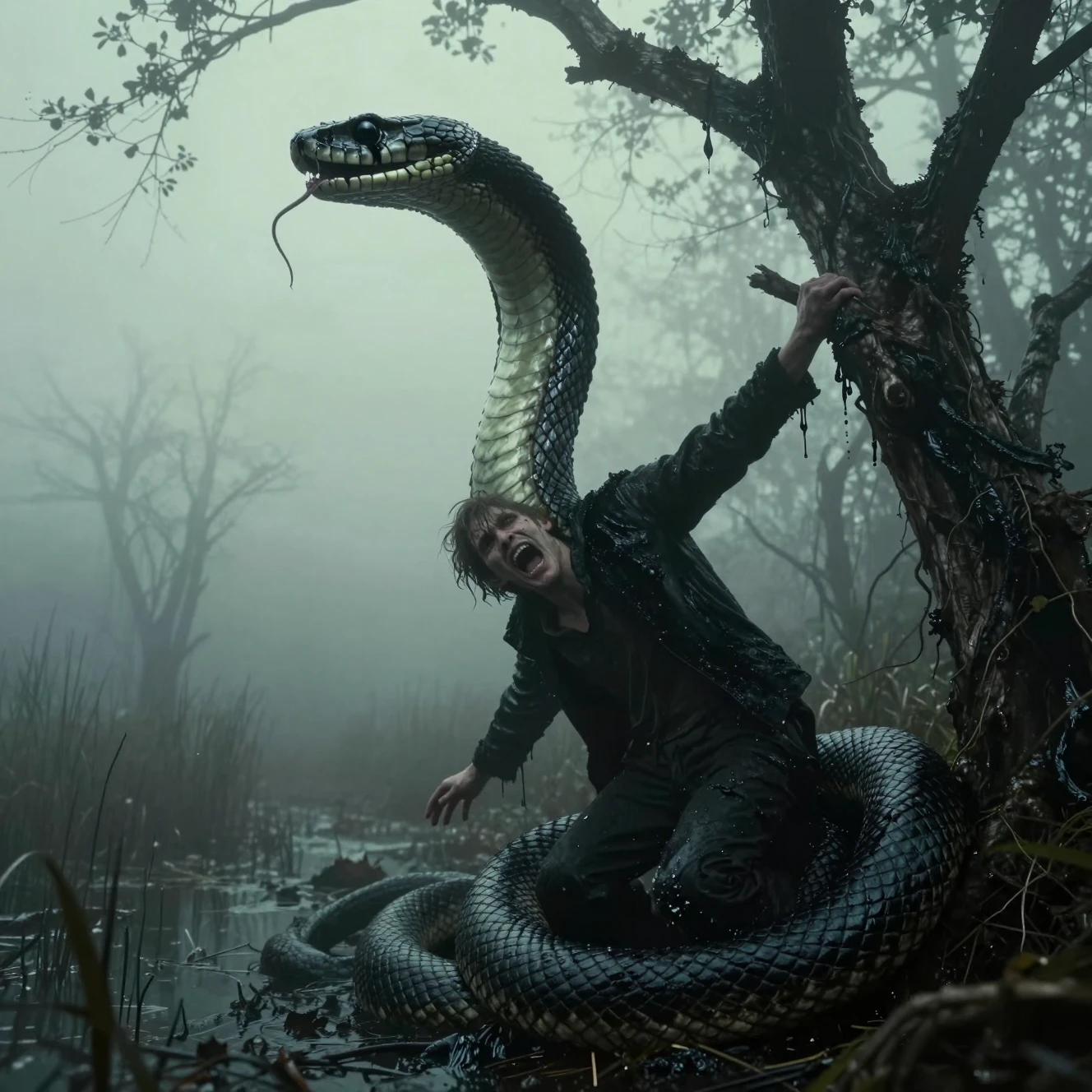 Terrified man attacked by giant serpent in moonlit swamp