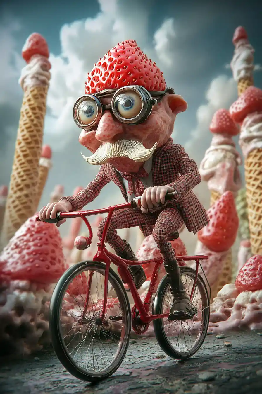 Elderly strawberry gentleman riding a bicycle in surreal land