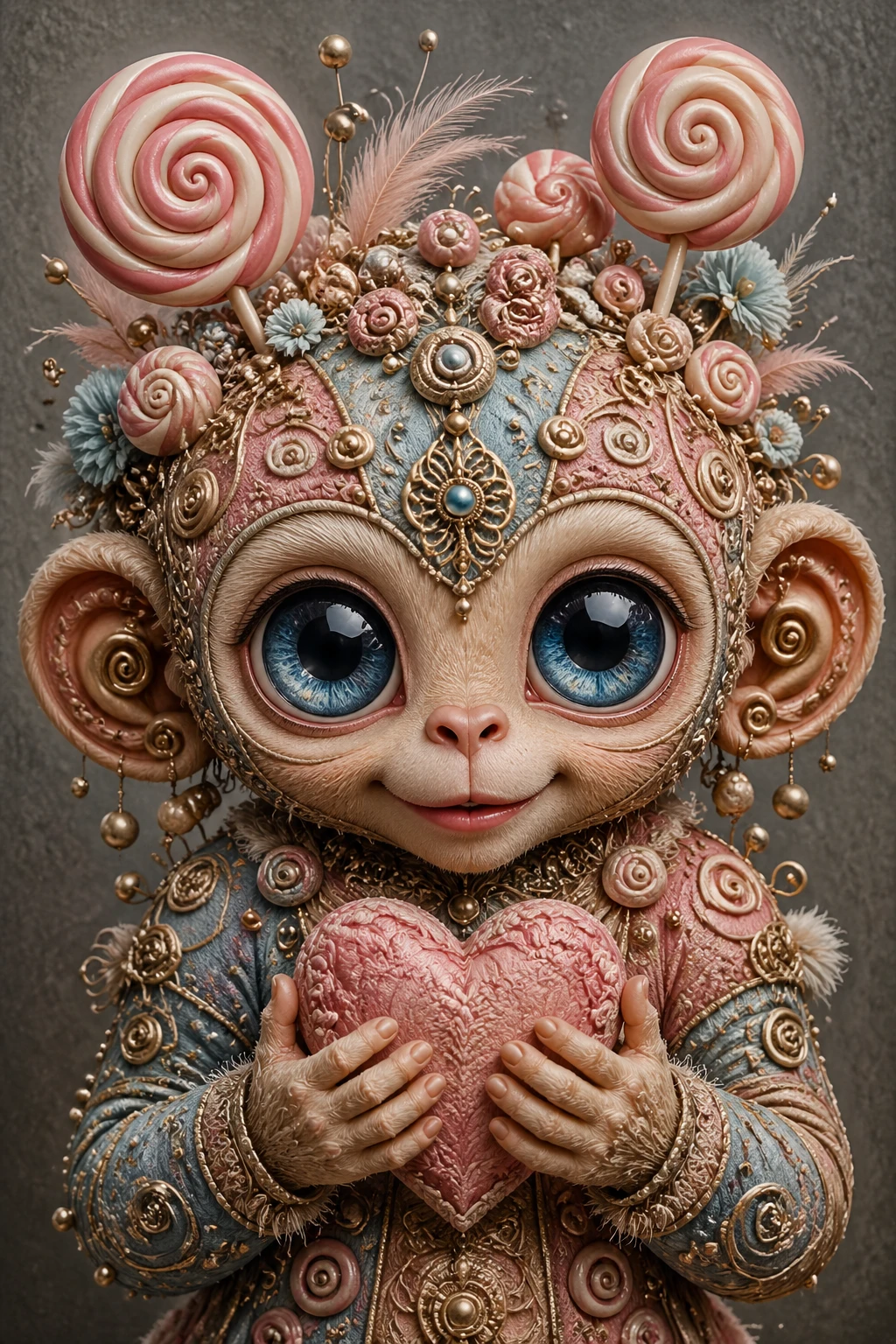 Whimsical candy crowned creature holding a patterned heart