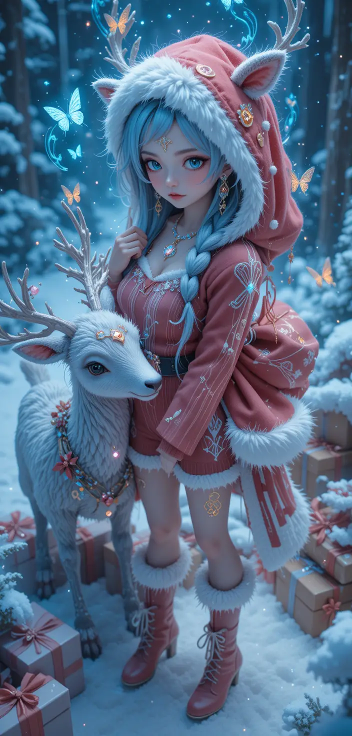Anime reindeer girl in snowy fantasy Christmas scene