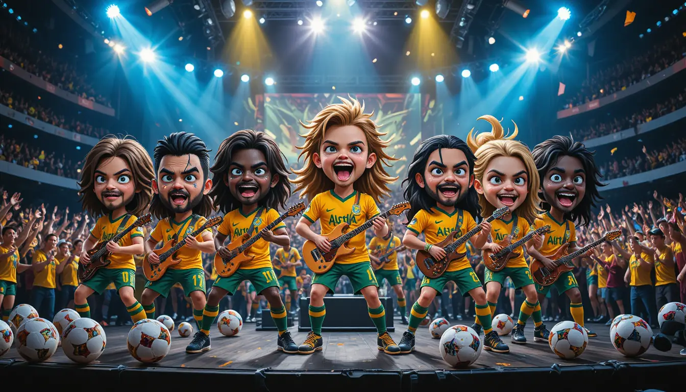 Chibi football rock band celebrating on a roaring stage