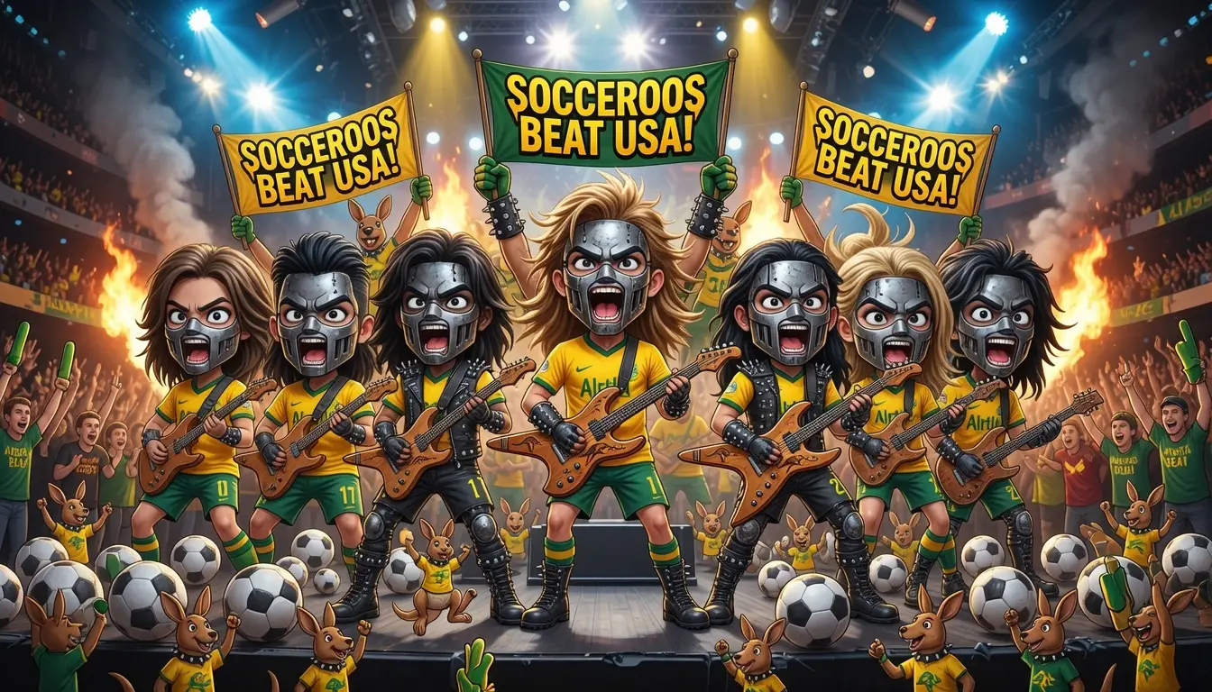 Chibi socceroo band rocking a crowded victory stage