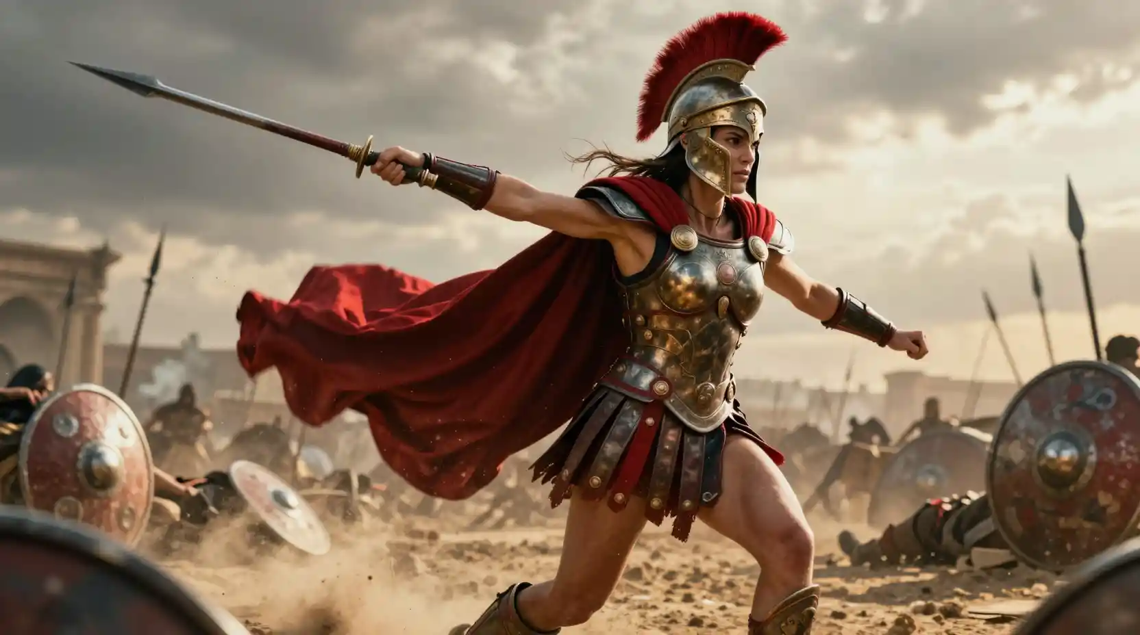 Female Spartan warrior charging with spear on battlefield