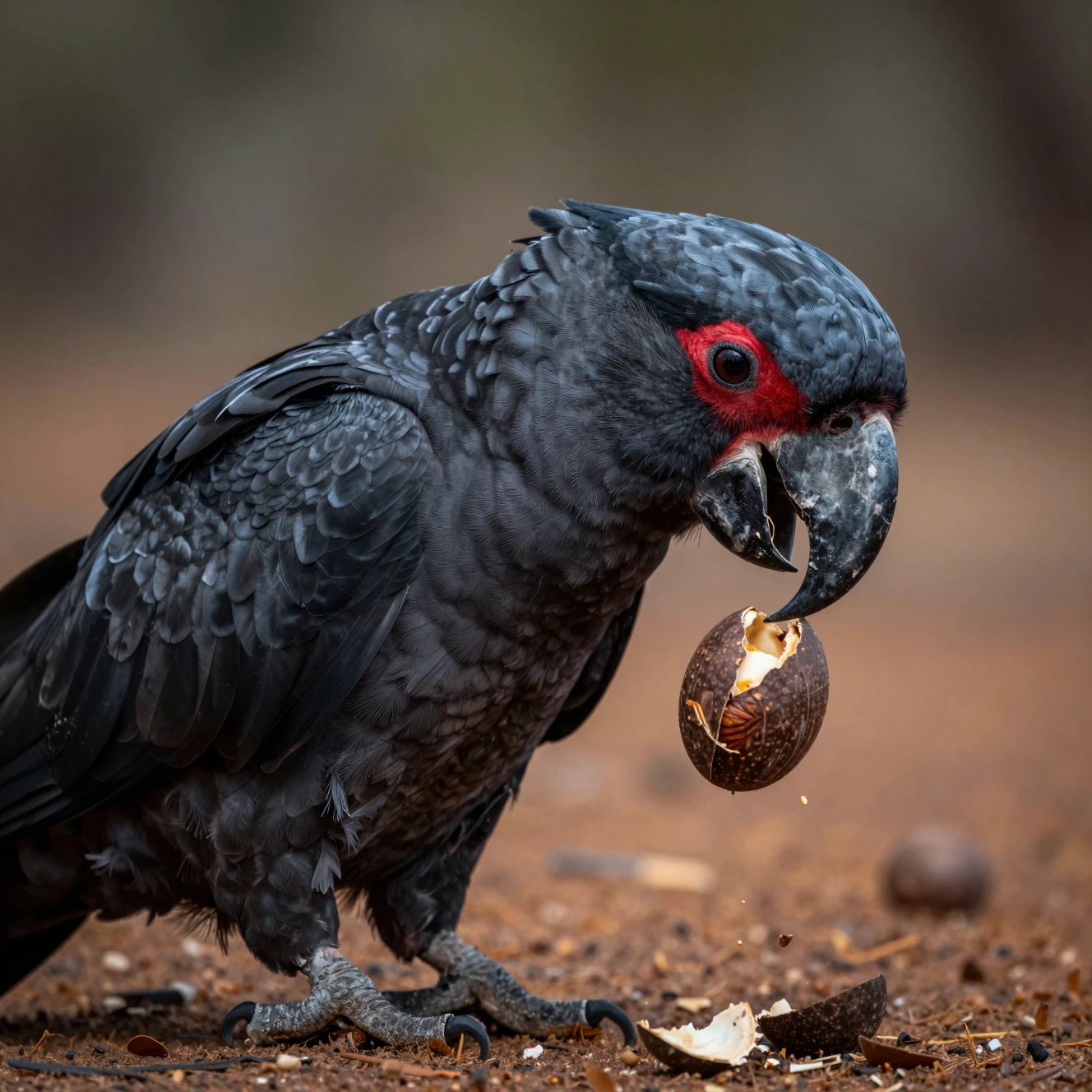 Palm cockatoo cracking a wild nut in dramatic light