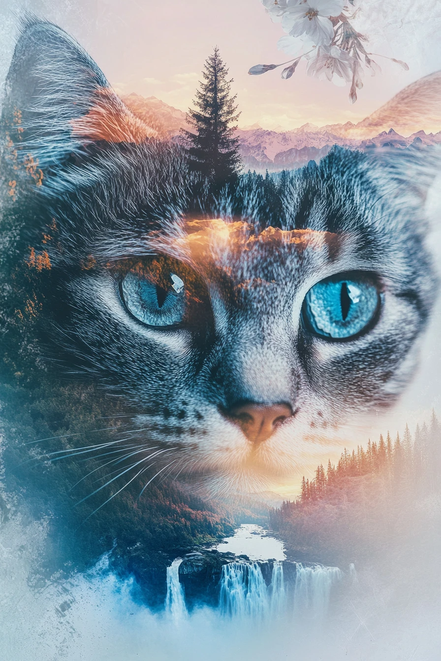 Double exposure portrait of a cat with mountain landscape