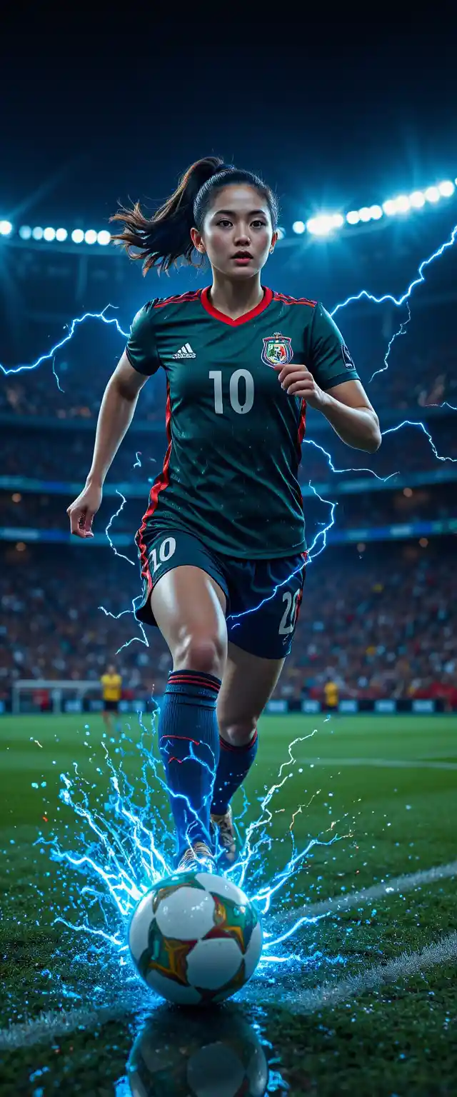 Female footballer sprinting with ball in electrified stadium