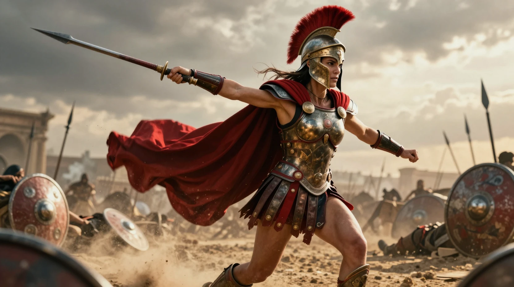 Female Spartan warrior charging with spear on battlefield