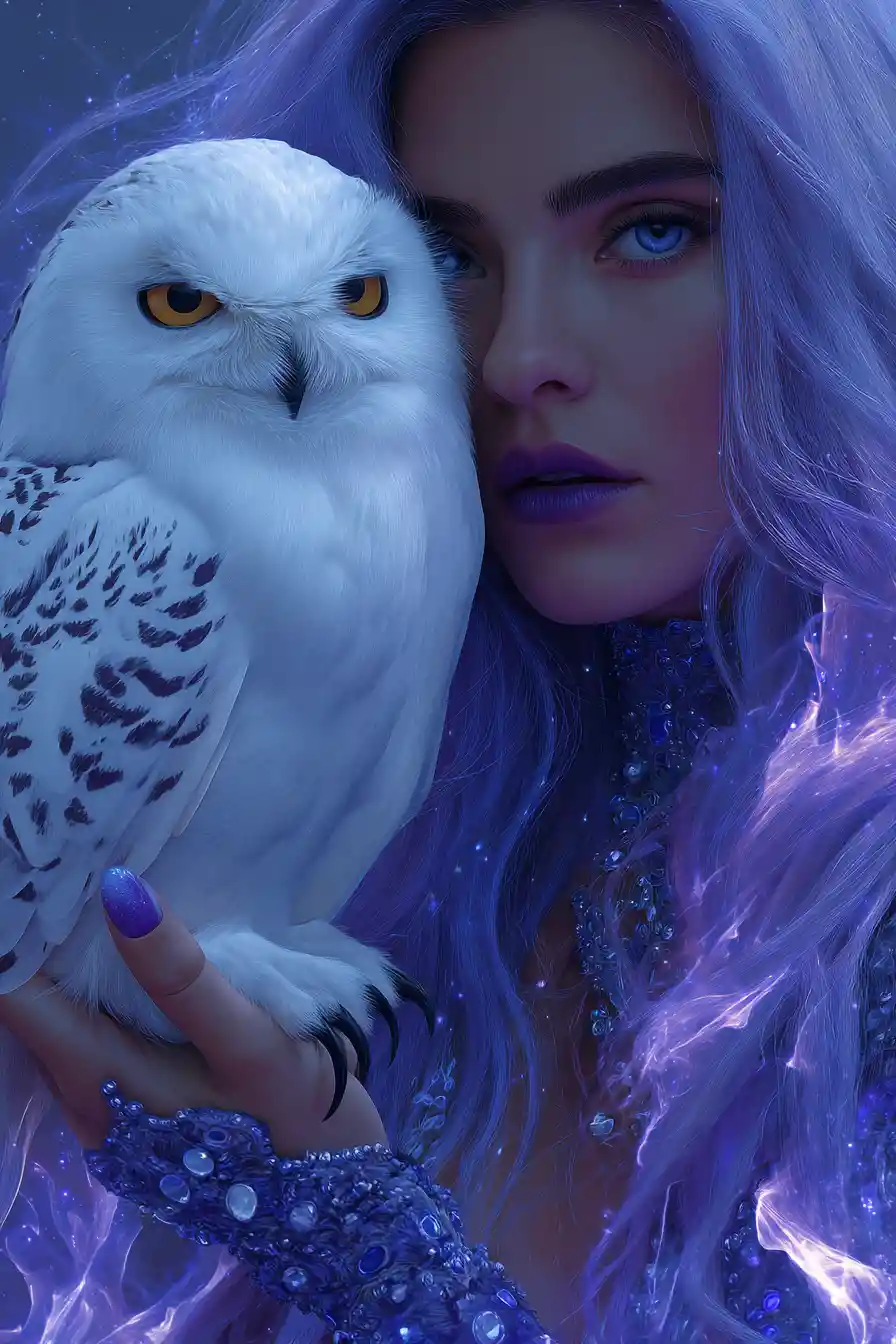 Mystical woman holding a glowing snowy owl