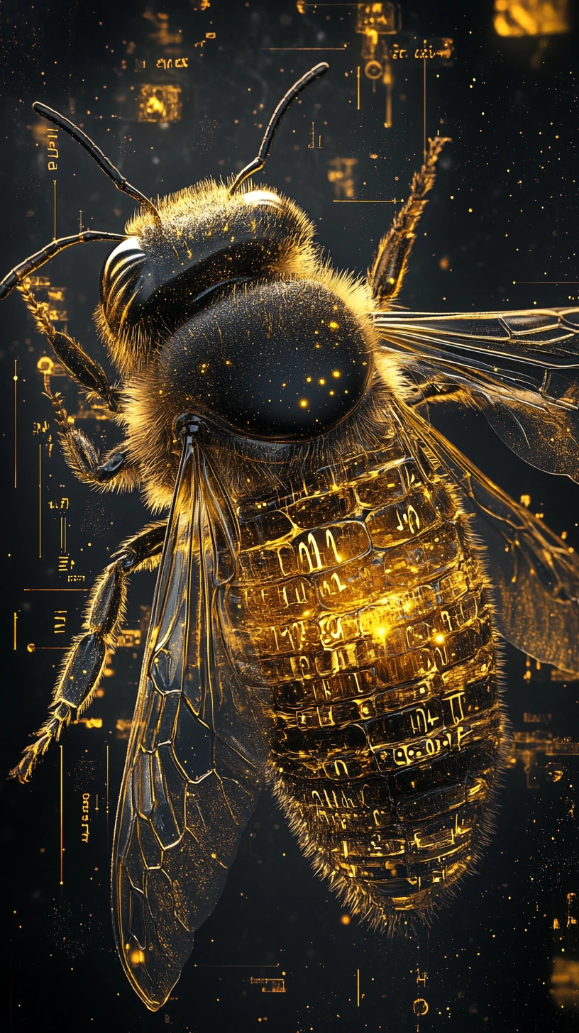 Abeja surreal con civilización de panal espejado