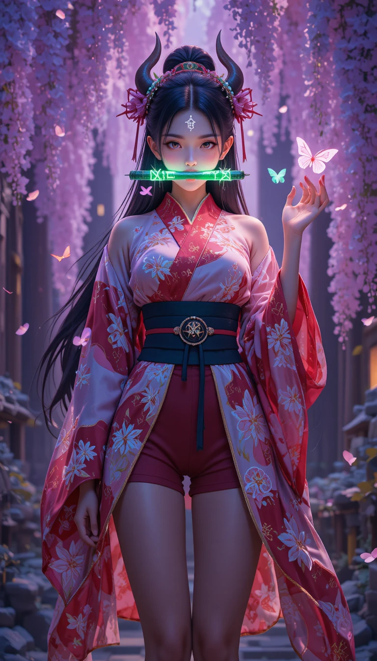 Anime demon girl with glowing runes and wisteria blossoms