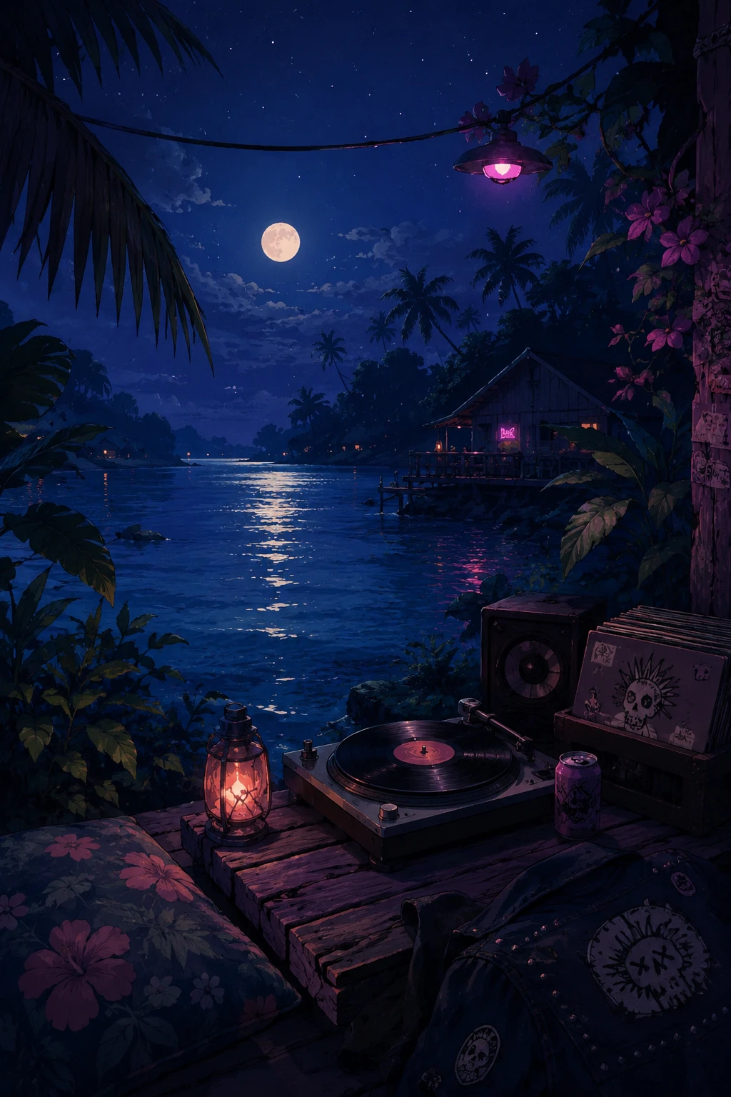 Escena de laguna a medianoche con suave y relajante ambiente lofi