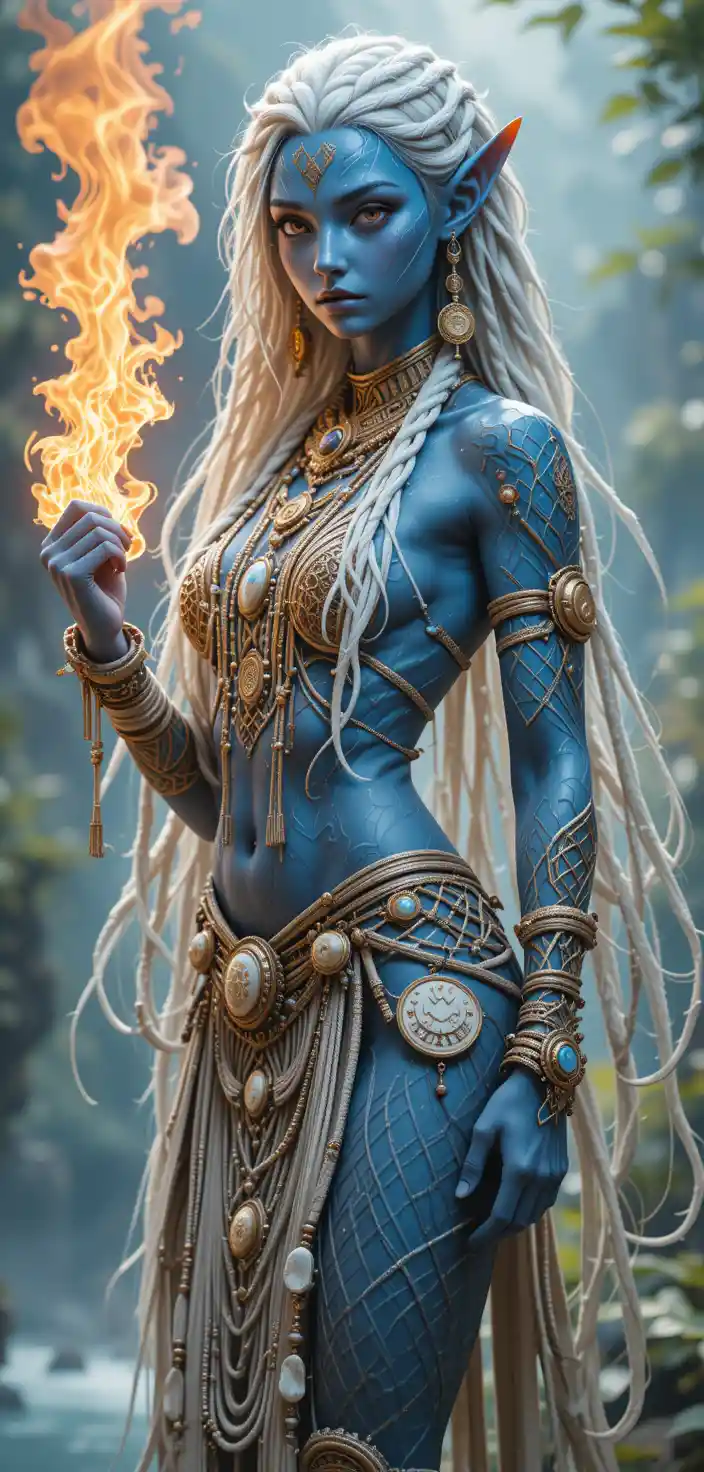 Blue skinned tribal spirit woman by a luminous river palace