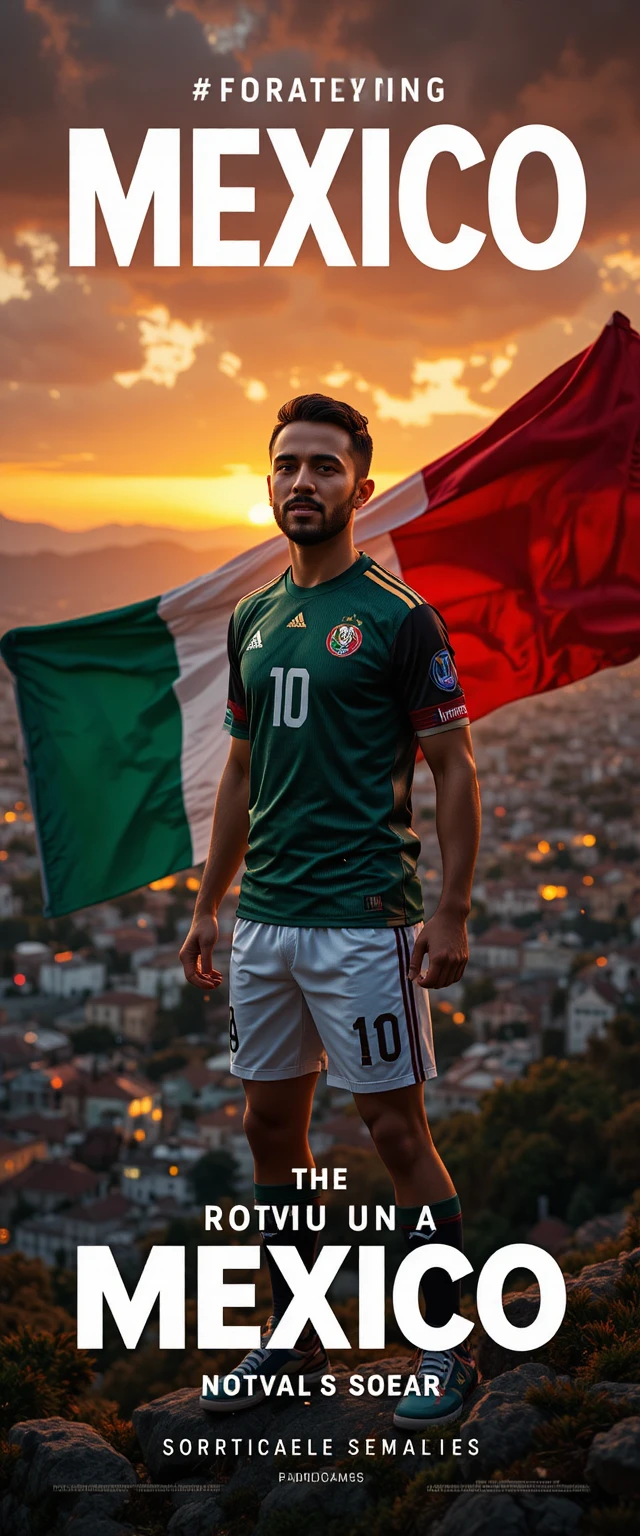 Mexican football fan standing proud before city and flag