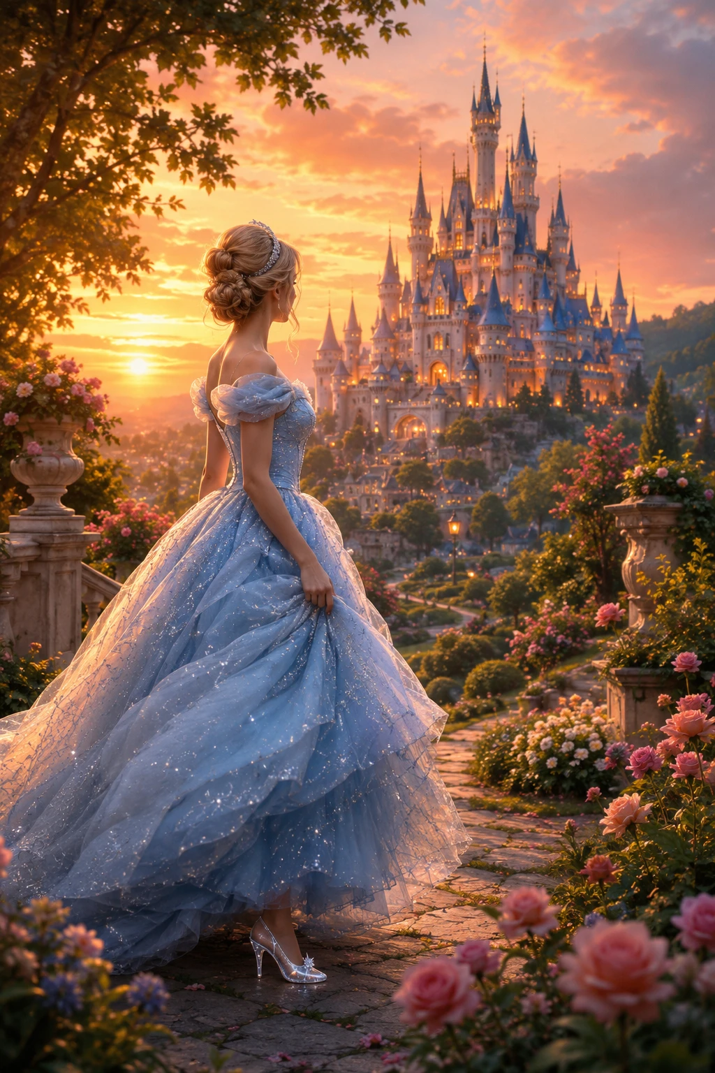 Mujer elegante con vestido de baile mirando hacia un castillo lejano