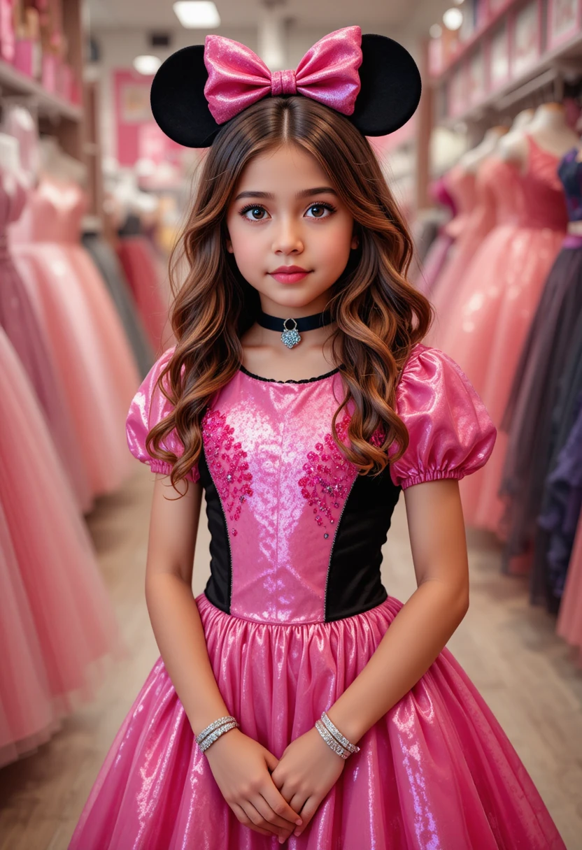 Young girl in pink Minnie dress at Disney shop