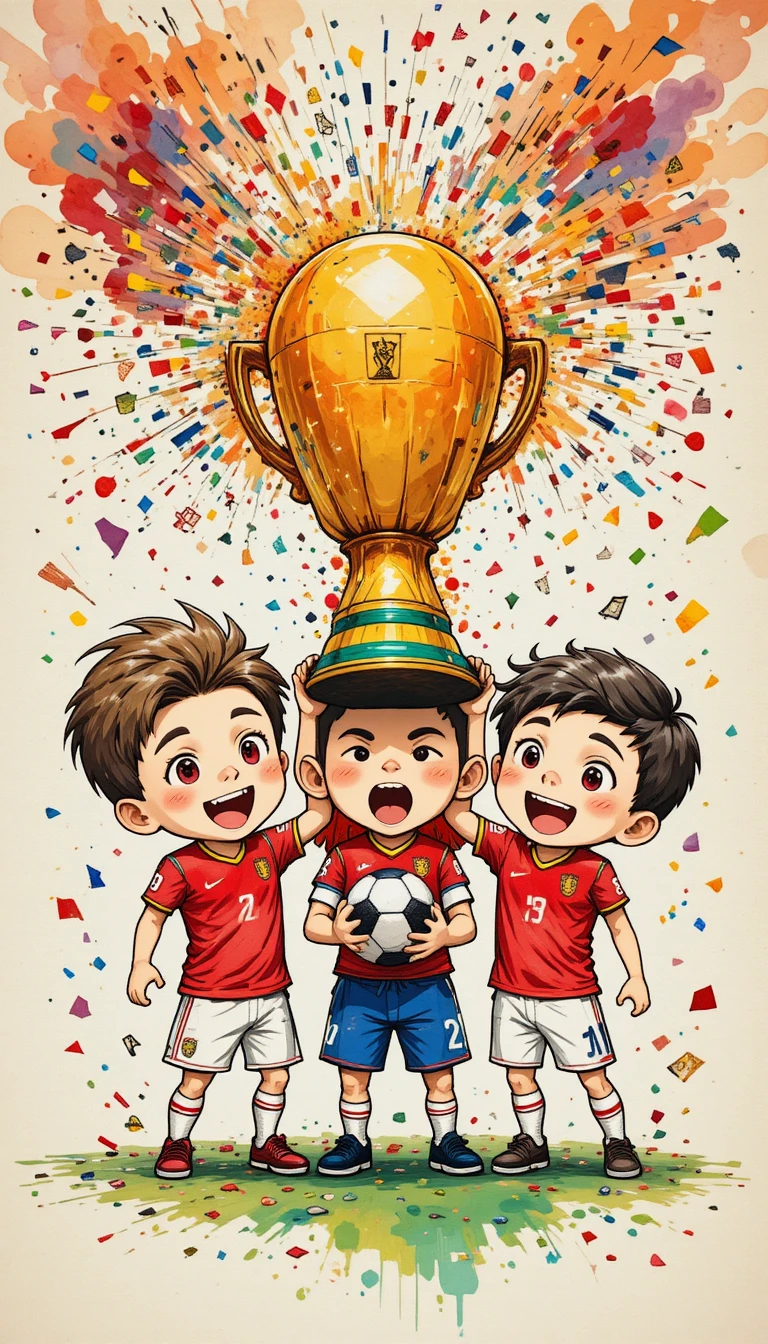 Chibi Spain football players celebrating with giant trophy