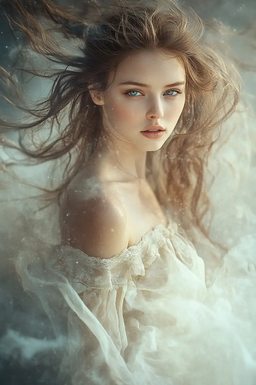 Mystical woman emerging from golden dreamlike fog