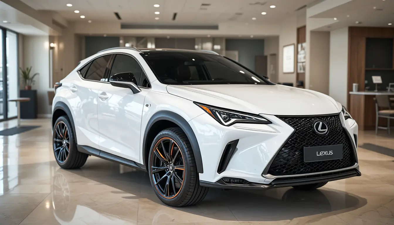 White compact luxury SUV in a modern car dealership