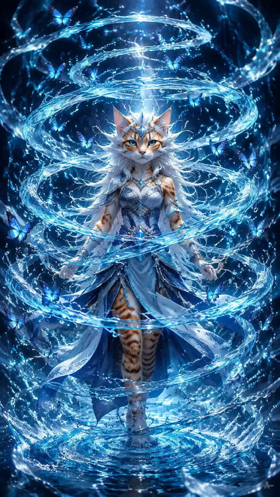 Farfalle blu luminose attorno a una guerriera gatto tigrata magica